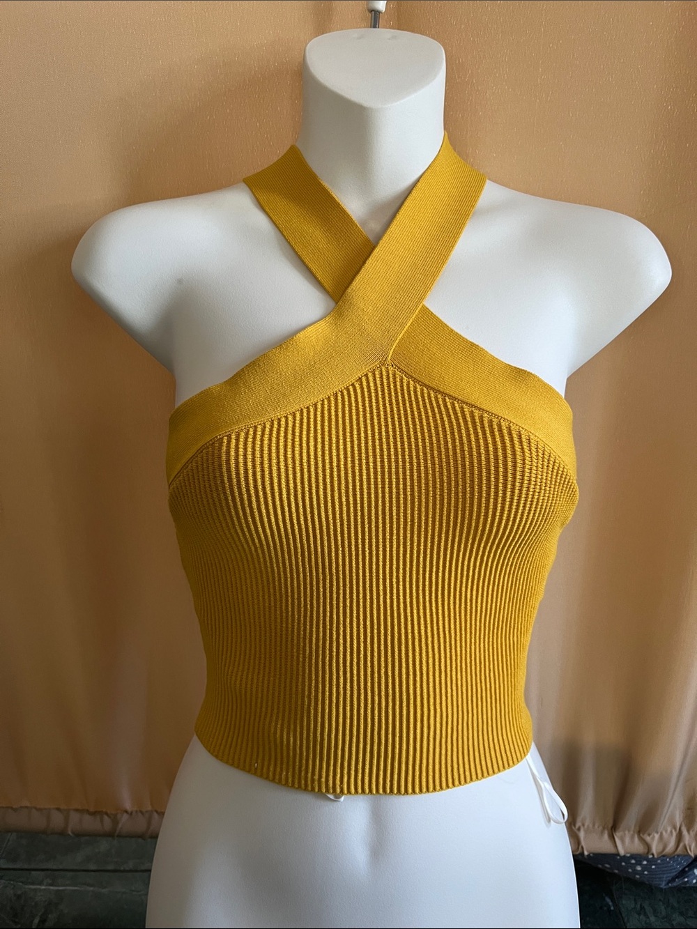 Babaton Mustard Ribbed Halter Crop Top